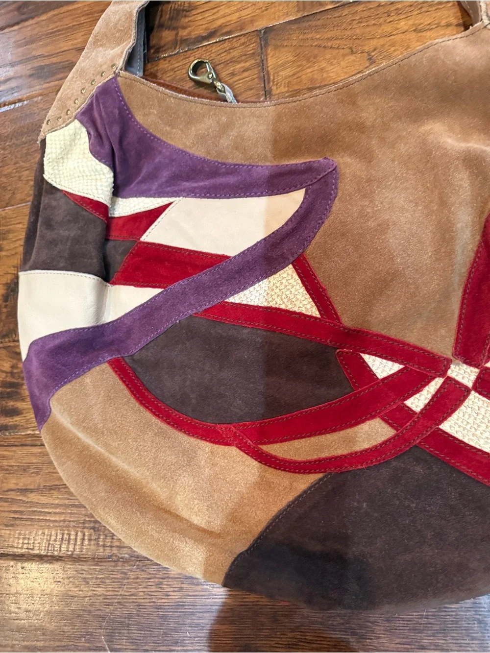 Y2K Vintage Lucky Brand Suede Patchwork Hobo in Red, Purple, Tan, Cream, Brown